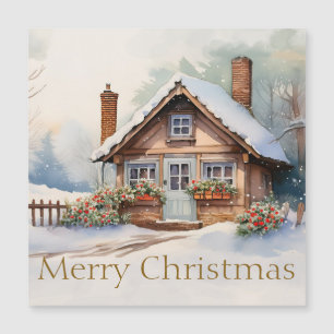 Carte Magnétique Joyeux Cabine de Noël dans un paysage enneigé