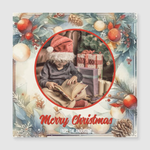 Carte Magnétique Joyeux Noël aquarelle Foliage Vert Photo