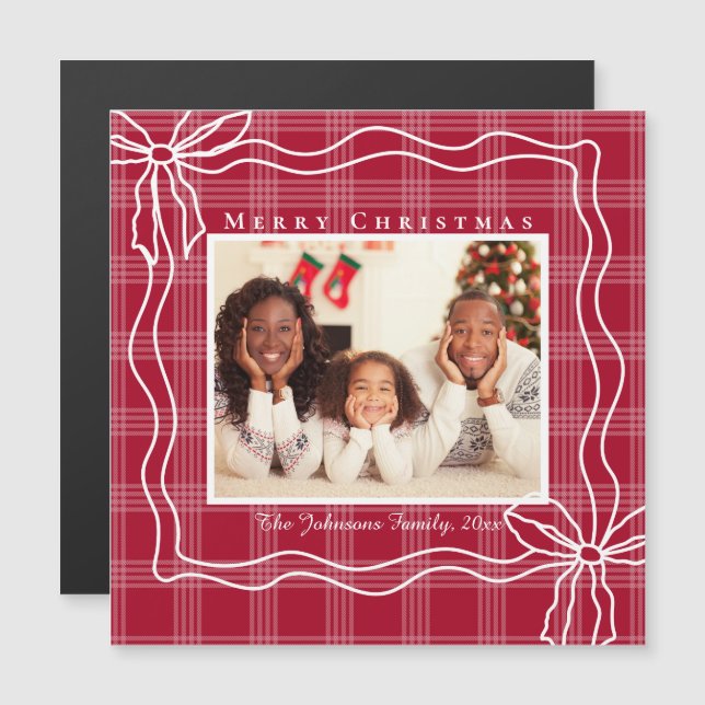 Carte Magnétique joyeux noël doodé arc photo rouge plaid aimant (Devant / Derrière)