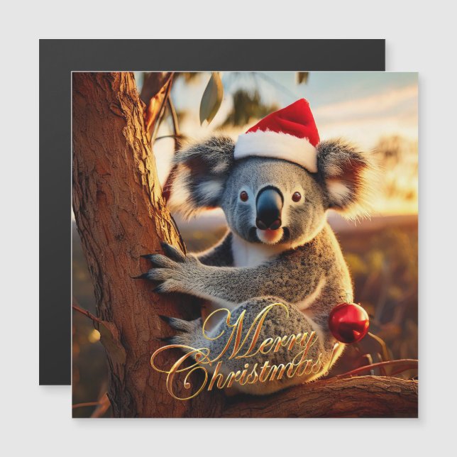 Carte Magnétique Joyeux Noël Koala assis dans un Eucalyptus (Devant / Derrière)