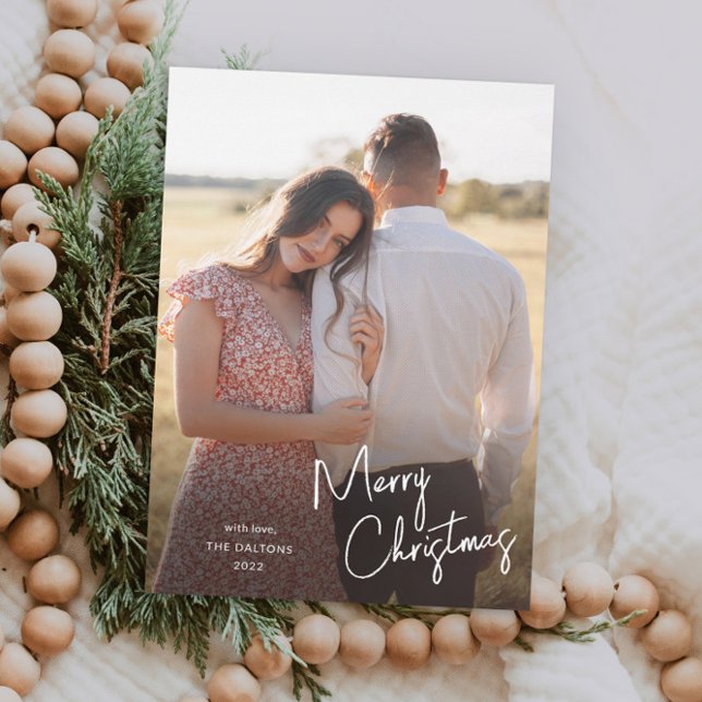 Carte Magnétique Joyeux Noël moderne Script Photo simple (Simple Handwritten Script Merry Christmas Photo Holiday Magnetic Card.)
