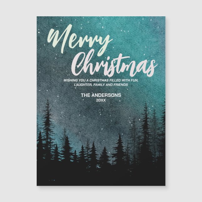 Carte Magnétique Joyeux Noël Nuit sombre ciel forêt de pins Vacance (Devant)