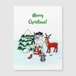Carte Magnétique Joyeux Noël ! Snowman avec amis