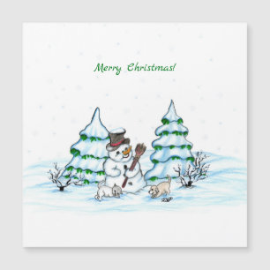 Carte Magnétique Joyeux Noël! Snowman avec chat et chiot