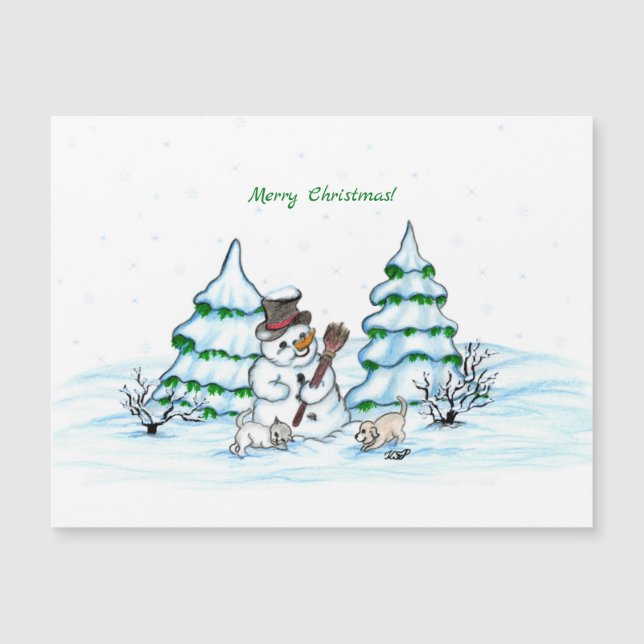 Carte Magnétique Joyeux Noël ! Snowman avec chat et chiot (Devant)