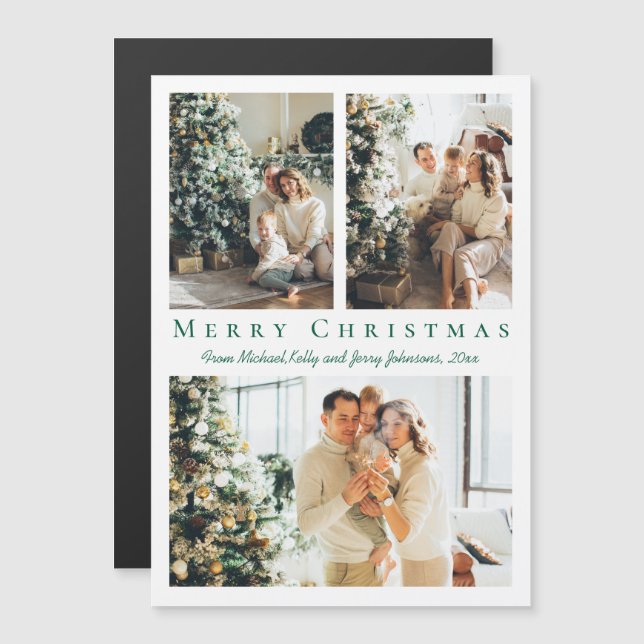 Carte Magnétique joyeux Noël vert script 3 photos aimant (Devant / Derrière)
