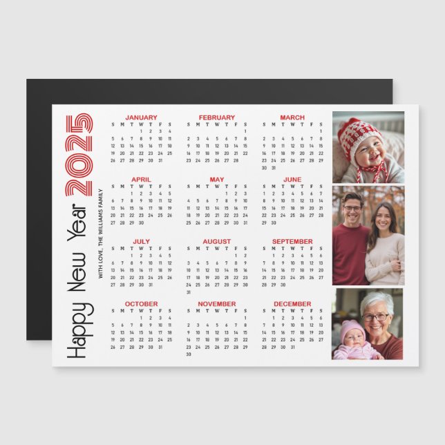 Carte Magnétique Joyeux Nouvel An 2025 calendrier photo rouge (Devant / Derrière)