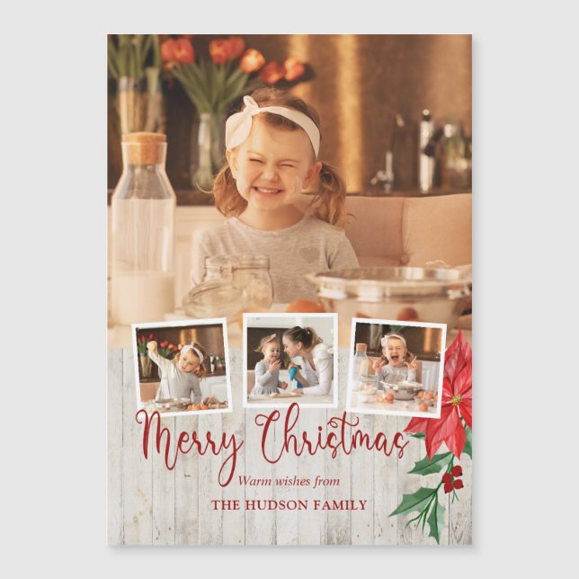 Carte Magnétique Joyeux Script de Noël, Poinsettia, Rustique 4-Phot (Devant)