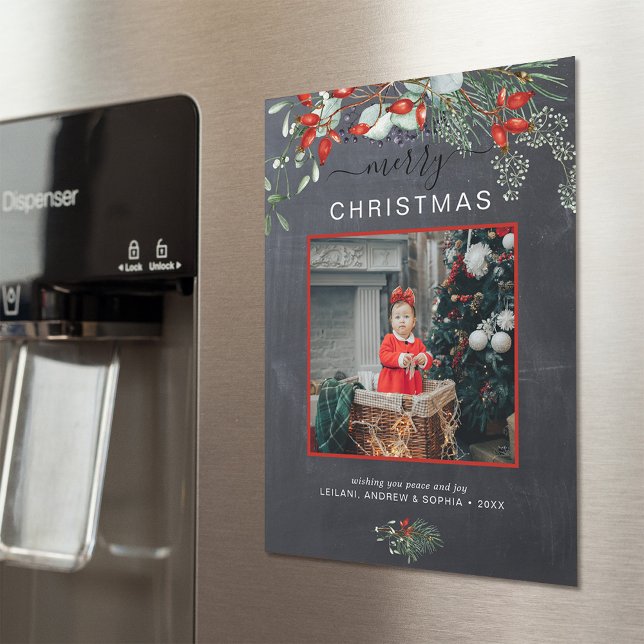 Carte Magnétique Joyeux tableau de bord photo de Noël (You will love these beautiful Christmas cards! They feature botanical watercolor pine and berries.)