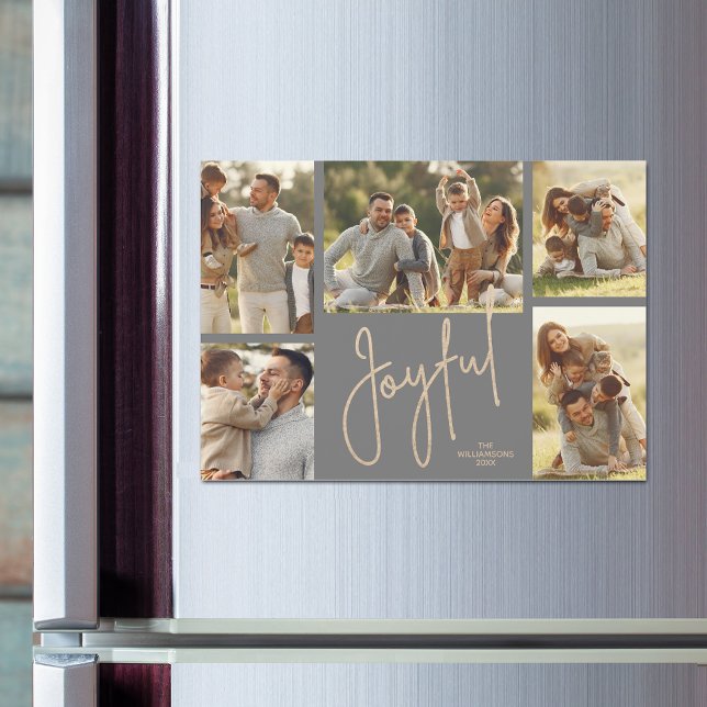Carte Magnétique JOYFUL Christmas Photo Collage Magnetic Cards (JOYFUL script on silver grey Christmas photo collage holiday magnetic cards)