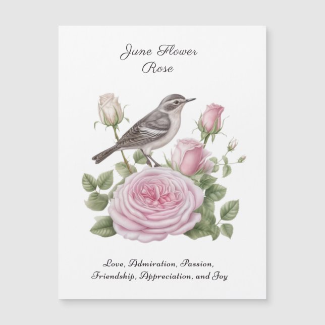 Carte Magnétique Juin Mois de naissance Fleur Rose Élégant Annivers (Devant)
