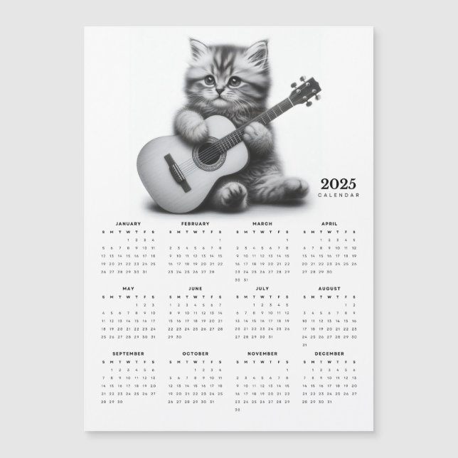Carte Magnétique Kitten tenant une guitare acoustique Calendrier ma (Devant)