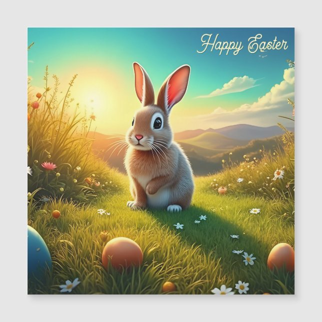 Carte Magnétique Lapin de Pâques et Oeufs colorés dans la magie du  (Devant)