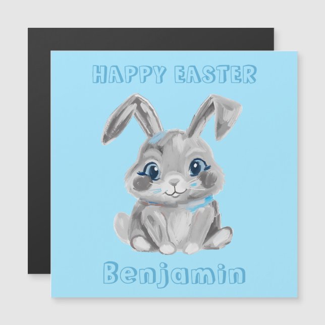 Carte Magnétique Lapin de Pâques Rabbit Nom bleu Réfrigérateur Cart (Devant / Derrière)