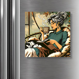Carte Magnétique Lecture douce Lady avec café et chat