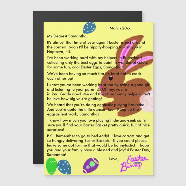 Carte Magnétique Lettre du lapin de Pâques Jaune (Devant / Derrière)