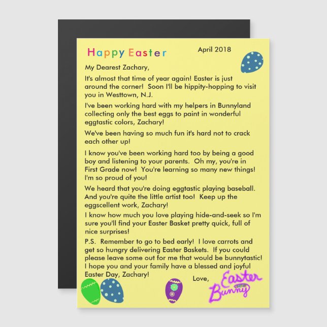 Carte Magnétique Lettre du lapin de Pâques Oeufs bleus verts pourpr (Devant / Derrière)