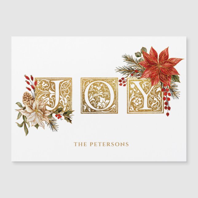 Carte Magnétique Lettres de bloc Joy Illuminé Or avec Poinsettias (Devant)