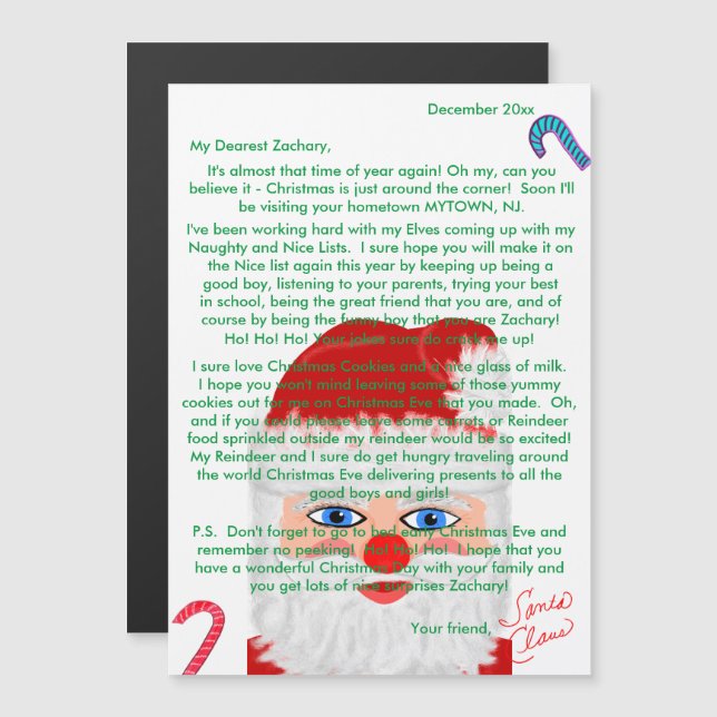Carte Magnétique Lettres de Père Noël personnalisées (Devant / Derrière)