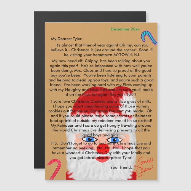 Carte Magnétique Lettres personnalisées de Père Noël (Devant / Derrière)