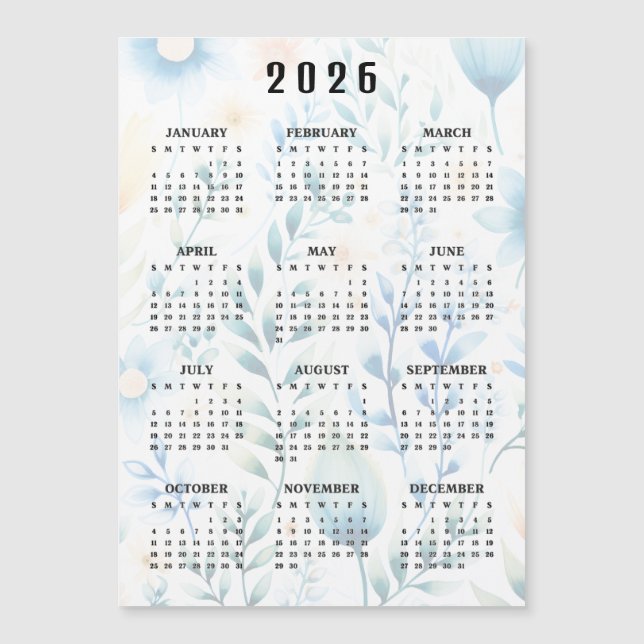 Carte Magnétique Lightly Floral Design 2026 Calendar Magnetic Card (Devant)