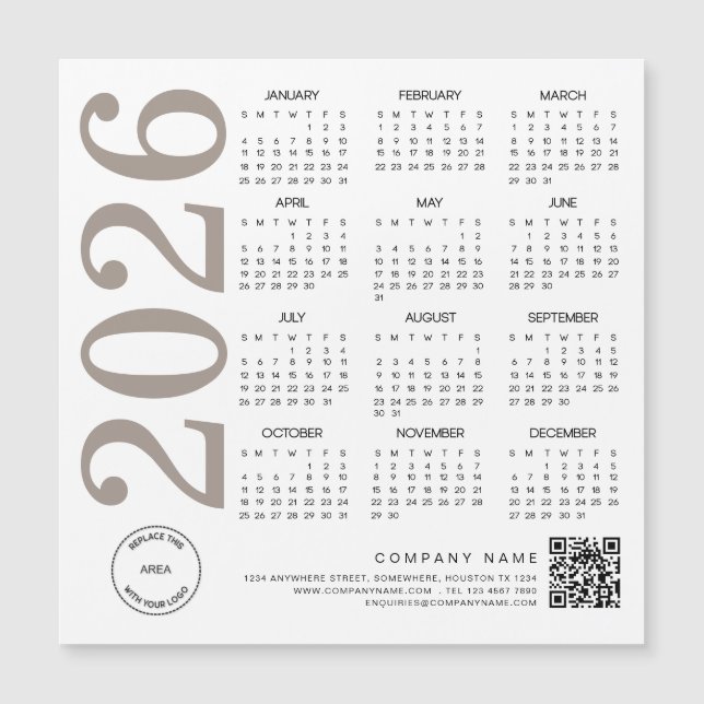 Carte Magnétique Logo Calendrier 2026 QR Code Taupe Neutre Entrepri (Devant)