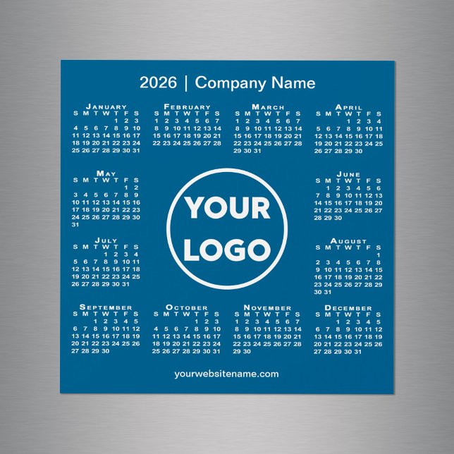 Carte Magnétique Logo de l'entreprise Calendrier 2026 sur Blue Magn (Modern 2026 Calendar Company Logo on Blue Magnet, in situ)