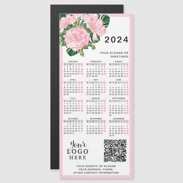 Carte Magnétique Logo du calendrier 2024 QR Code rose blanc floral (Devant / Derrière)