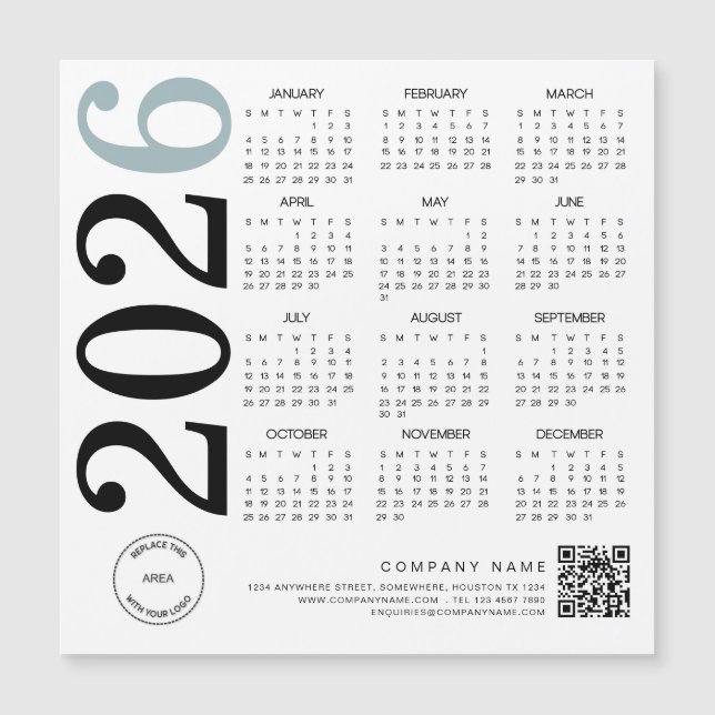 Carte Magnétique Logo du calendrier 2026 QR Code bleu noir affaires (Devant)