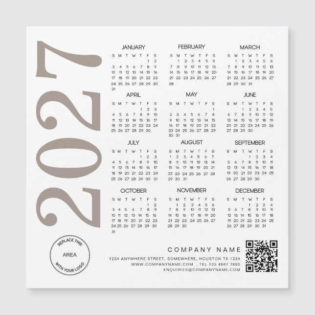 Carte Magnétique Logo du calendrier 2027 Code QR Neutre Taupe Entre (Devant)