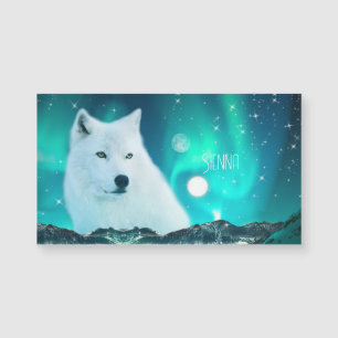 Carte Magnétique Loup arctique et nuit magique avec aurores boréale