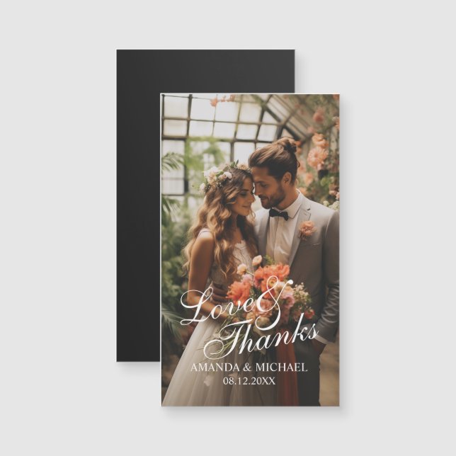 Carte Magnétique 'Love & Thanks' Custom Photo Wedding Favor (Devant / Derrière)