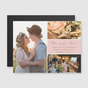 Carte Magnétique M. et Mme Photo Collage Mariage rose Merci