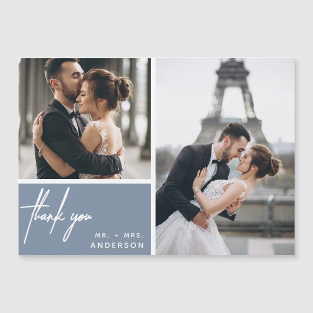 Carte Magnétique Mariage de Collage photo moderne Dusty Merci bleu (Devant)