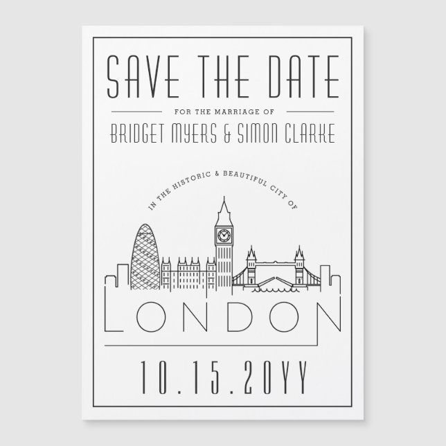 Carte Magnétique Mariage de Londres | Skyline stylisée Enregistrer  (Devant)