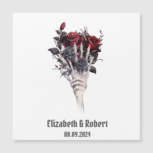 Carte Magnétique Mariage de squelette de roses rouges gothiques  (Devant)
