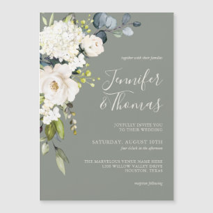 Carte Magnétique Mariage Élégant Blanc Floral Vert Sauge