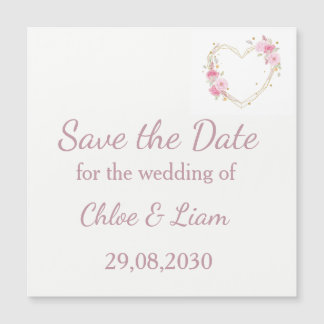 Carte Magnétique Mariage Fleur de Cœur Floral Rose Aquarelle