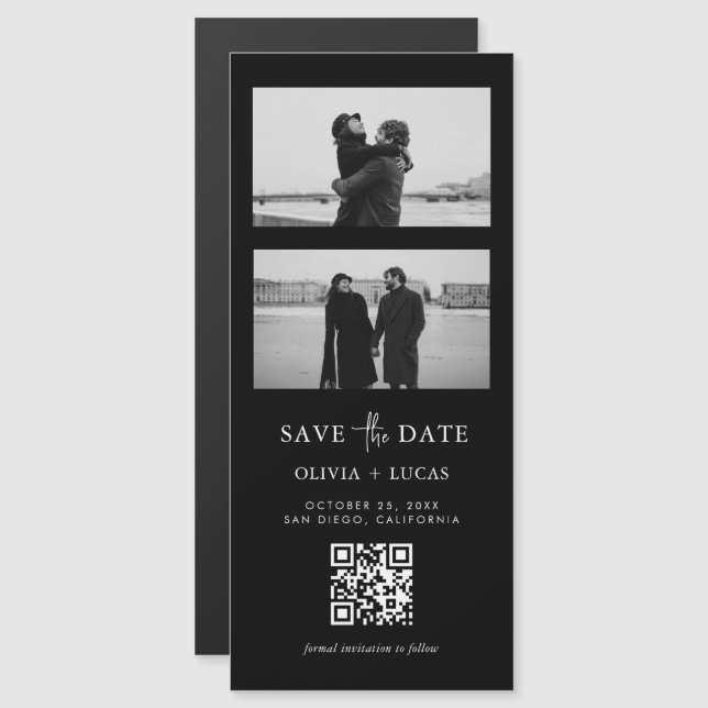 Carte Magnétique Mariage magnétique noir QR Code Bande photo (Devant / Derrière)