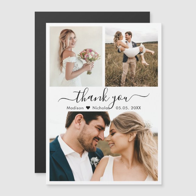 Carte Magnétique Mariage Merci Script Couple 3 Photo Collage (Devant / Derrière)
