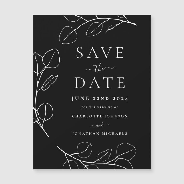 Carte Magnétique Mariage Moderne Simple en Noir et Blanc avec Feuil (Devant)