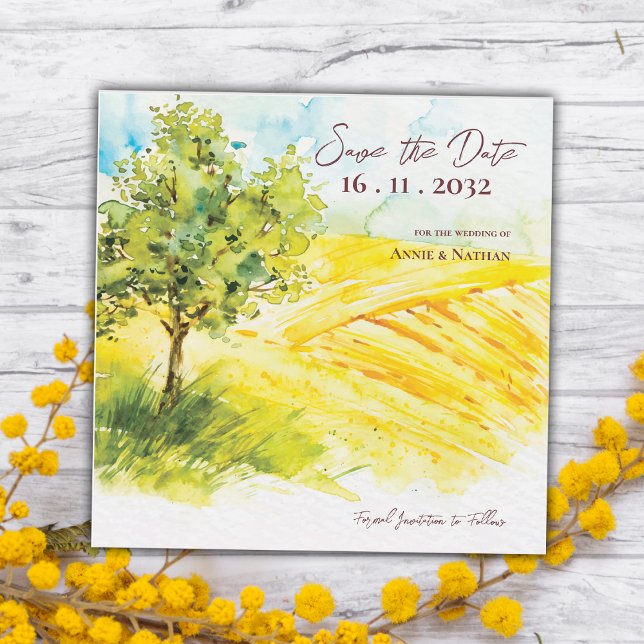 Carte Magnétique Mariage paysager Jaune Sauvez la date (Yellow Farmland Landscape Wedding Save the Date)