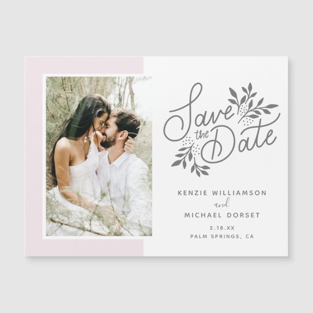 Carte Magnétique Mariage Sauvez la date Script photo Botanique Rose (Devant)