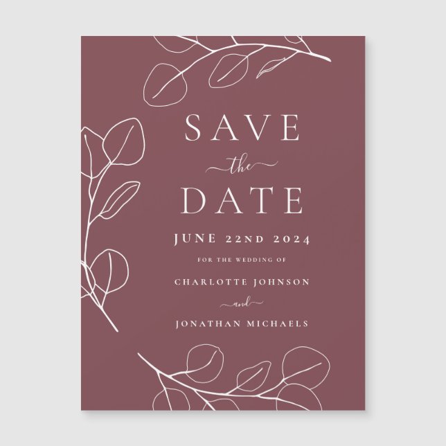 Carte Magnétique Mariage Simple Feuilles Bourguignon Moderne (Devant)