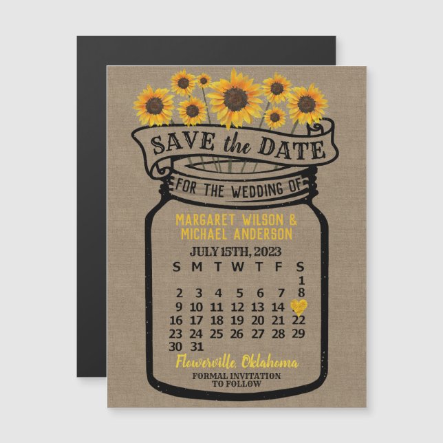 Carte Magnétique Mariage Sunflowers Mason Jar Juillet 2023 Date Mag (Devant / Derrière)