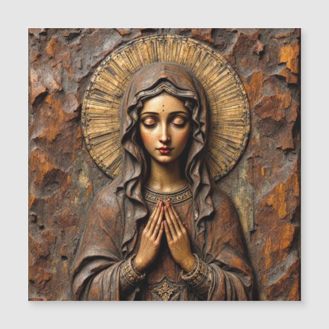 Carte Magnétique Marie en bois sculptée avec dévotion (Devant)