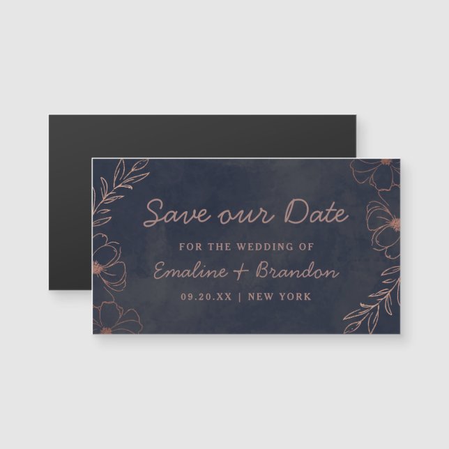 Carte Magnétique Marine Blue & Rose Gold Foil Floral Économisez not (Devant / Derrière)