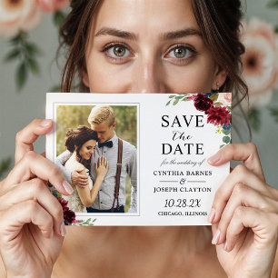 Carte Magnétique Maroon Rouge Floral Enregistrer la date Photo Magn