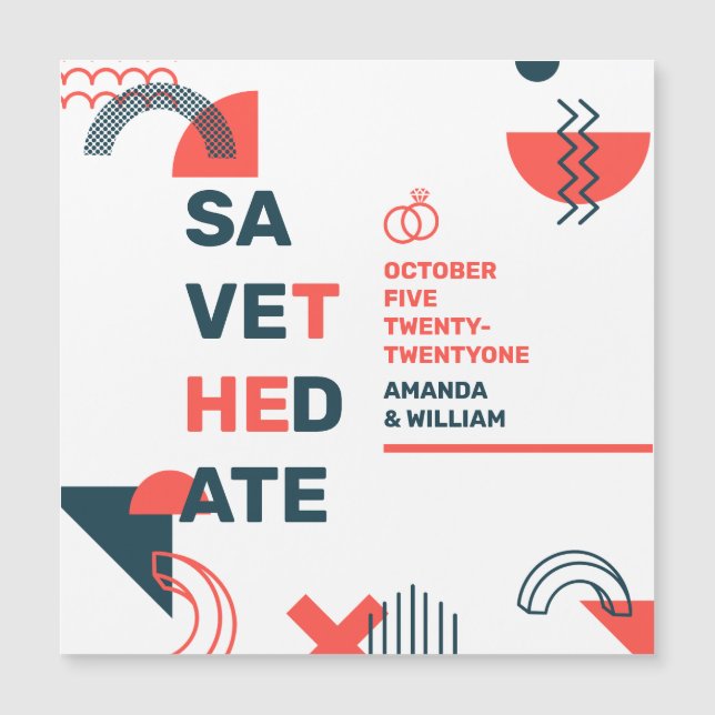 Carte Magnétique Memphis Style Abstrait bleu et Mariage rouge (Devant)