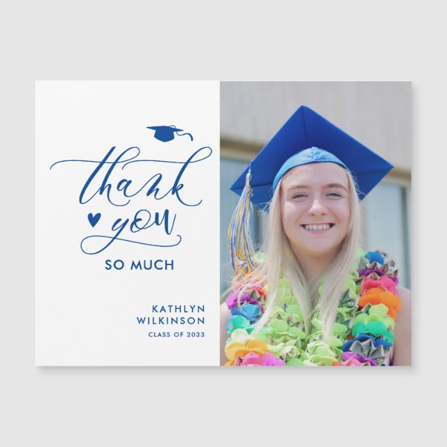 Carte Magnétique Merci de graduation photo minimaliste en bleu (Devant)